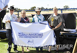 Sew What driven by Jackie Barker won the 2024 Horsham Pacing Cup. Terry Lewis, Lauren Henry, trainer Dianne Giles and Jackie Barker.
