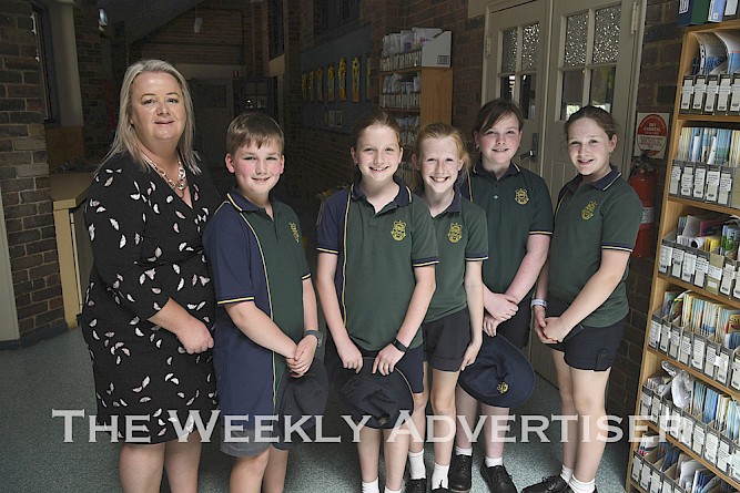 St Patrick's Primary School principal Michelle Hogan with captains Xander Groves and Olivia Rivera and vice captains Hayley Ciavatta, Natalie Coffey and Miley Shalders.