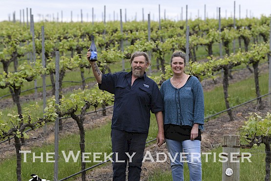 RIDGY-DIDGE: Miners Ridge Wines’ Katrina and Andrew Toomey are celebrating success in the 2020 Western Victorian Wine Challenge. They won three trophies with their 2018 Miners Ridge AT Shiraz, including best wine of show. Picture: PAUL CARRACHER