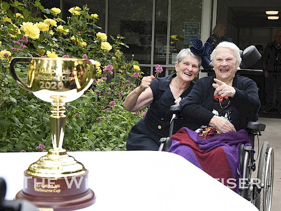 Yvonne Preusker and Bonnie Dooling with the 2020 Melbourne Cup at Wimmera Nursing Home. Yvonne is Paul Preusker's mother nad Bonnie is his grandmother. Paul Preusker races Surprise Baby who is a leading chance in the Cup.