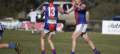 Combining for 11 of Rupanyup’s 17 goals against Harrow-Balmoral at Balmoral at the weekend, Blake Turner, left, five goals, and Jack Musgrove, six goals, helped knock Harrow-Balmoral from the top of the ladder and hand the Southern Roos its first loss for the season in Horsham District Football Netball League’s round 10 competition. . Picture: PAUL CARRACHER