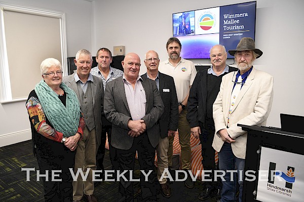 ASPIRATIONS: Wimmera Mallee Tourism board members, from left, Helen Mulraney-Roll, Bernard Young, chairman Graeme Milne, Ron Ismay, Graeme Massey, Jeff Woodward, John Hutchins and James Goldsmith at the strategy launch in Dimboola.  Picture: PAUL CARRACHER