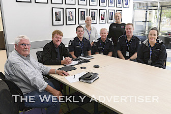 SAFETY FIRST: From left, community representatives David Eltringham and Mark Radford, Senior Sergeant Eddie Malpas, State Emergency Service’s Nola Smith, Acting Senior Sergeant Shane Allgood, The Weekly Advertiser’s Jessica Grimble, Inspector Matt Haughton and secretary Olivia Hill at the Horsham Community and Police Consultative Committee’s December meeting. A number of members were absent and opportunities exist for additional members to join the group in 2024. Picture: PAUL CARRACHER