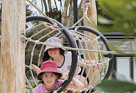 FUN IN THE SUN: Sisters Chelsea and Caitlin Manning, of Miners Rest, are two of many visitors exploring the Wimmera and Grampians region this summer. The pair were playing at Horsham Nature and Water Play Park on Sunday afternoon during the third instalment of the city’s Summer Series. Picture: KAREN REES