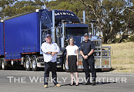 Dan Mibus, Robyn Gulline and senior sergeant Brendan Broadbent promoting a heavy vehicle road safety event at Nhill on February 14.