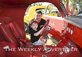 Locky Donnell and Hudson, 3, at the Horsham Old Skool Hotrod and Custom Club 2024 Hot Summer Nights Rod Run show and shine.