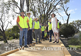 NEW GROUND: Wimmera River Improvement Committee members, from left, John Seater, Peter Crammond, Ron Goudie and Gary Aitken, with Horsham Rural City Council mayor Robyn Gulline, on the new boardwalk at Finlayson Lagoon, near Barnes Boulevard, Horsham. Picture: PAUL CARRACHER