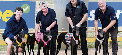 TOP FOUR: From left, Winner Fitzroy Bale with Dezi Carter, Spring Port with Andrea Gurry, Westar Commander with Ian Bibby, and Yanic Bale with Paul Matheson at Horsham Greyhound Racing Club.