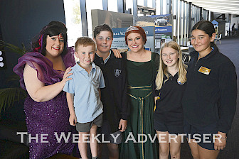 MEET AND GREET: Horsham Arts Council performers Alice Flannery, Dragonette, and Stacey Brennan, Fiona, meet St Mary’s Primary School Warracknabeal students Oscar Shulz and Isaac Credlin and Edenhope College students Lilly Brown and Ivy Linto at a schools performance of Shrek the Musical at Horsham Town Hall. Picture: PAUL CARRACHER