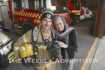 SHOW OF SUPPORT: Lenda Newton is supporting young Horsham Fire Brigade firefighter Callum Taylor in the Melbourne Firefighter Stair Climb in memory of her son Adrian Newton. Picture: PAUL CARRACHER