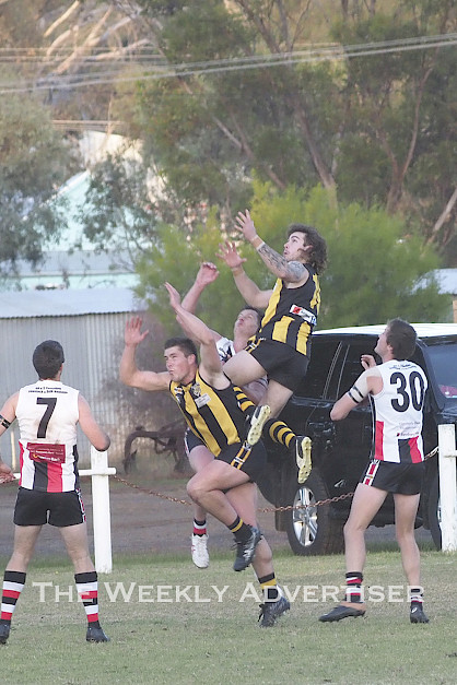 Adam Westley, Pimpinio, flies for a mark against Edenhope-Apsley. Picture: Paddy Kealy.