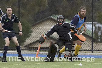 CONTROL: Nhill Rangers’ goalkeeper Kayden Rowe braces to defend an incoming ball.Picture: SIMON KING