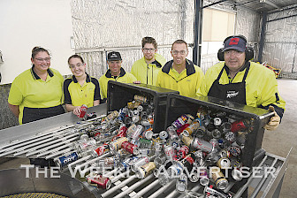 RECYCLING MILESTONE: Axis Worx employees Maree Crouch, Jess Sorrell, Wes Howard, Tyler Hornby, Jason Perkins and Andrew Manwaring recycling cans and bottles. The site is set to bring up its five millionth item. Picture: PAUL CARRACHER