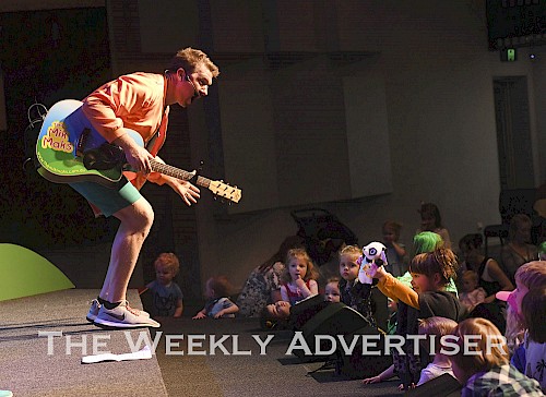 The Mik Maks' Music Adventure Tour hit Horsham to the joy of young music fans. The trio of Joel McInnes, Alan McInnes, pictured, and Drums the Panda played at Horsham Church of Christ (on Wednesday).