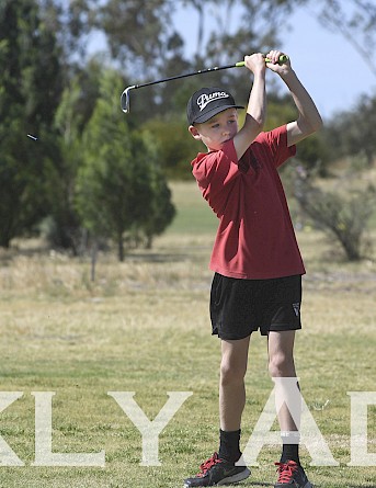 Rupanyup Primary School’s Riley Downer hits a sharp shot at a 2019 Victorian Golf Schools Championships Wimmera Regional Final at Horsham Golf Club on Monday. Riley shot a score of 59 from a boys event.