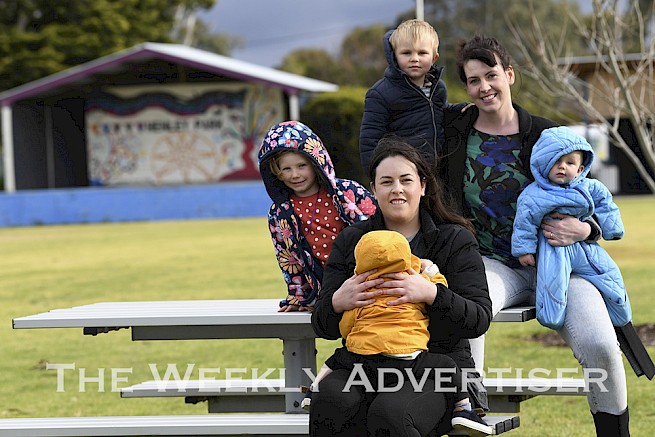DESPERATE NEED: Dani Grindlay, back, with her children Marley, Wilbur and Ed Irving, and Alysha Jacobson have joined other West Wimmera Shire parents in calling for childcare facilities in Edenhope. Picture: PAUL CARRACHER