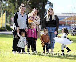 Bryony Futerieal, Shelley Hartle and Brooke Claridge and their children called for childcare solutions in Edenhope in 2021.