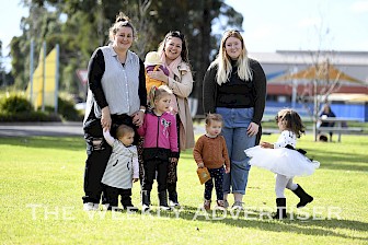 Bryony Futerieal, Shelley Hartle and Brooke Claridge and their children called for childcare solutions in Edenhope in 2021.
